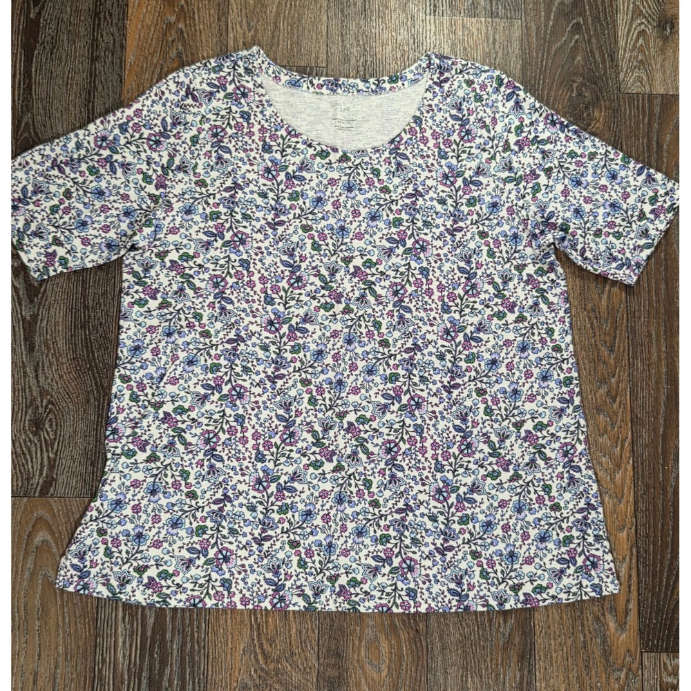 J.Jill Pima Slub Scoop Neck Side Slit Tee Floral Print Cotton Top Purple Large